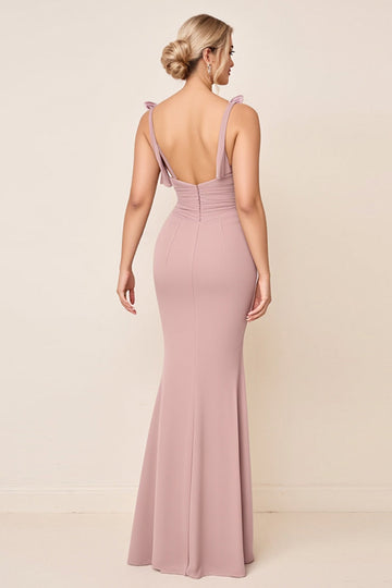 Dusty Rose Spaghetti Straps Ruched Mermaid Long Bridesmaid Dress with Slit